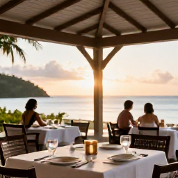 Caribbean Holidays, February Getaway, Elegant adults-only resort restaurant serving Caribbean cuisine on an open-air terrace at sunset in Tobago