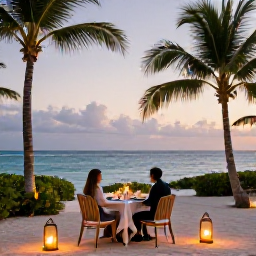 Caribbean Holidays, February Getaway, Elegant beachfront dinner for two in Turks and Caicos at dusk, with lanterns, palm trees and the Caribbean Sea in the background