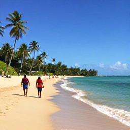 Caribbean Holidays, February Getaway, Golden sandy beach with clear turquoise water, palm trees and two adults walking along the shore in Trinidad and Tobago