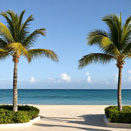 Caribbean Holidays, February Getaway, Sunny February morning at Grace Bay Beach in Turks and Caicos, showing clear blue skies, palm trees, calm sea and a peaceful resort setting