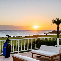 Caribbean Holidays, February Golf Holidays, A comfortable Bermuda hotel terrace overlooking the sea at sunset, with golf clubs nearby and a relaxed February holiday atmosphere