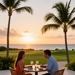 Caribbean Holidays, February Golf Holidays, A couple enjoying a relaxed evening at a beachfront restaurant on Providenciales, with sunset light, palm trees and the Caribbean sea