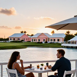 Caribbean Holidays, February Golf Holidays, A couple relaxing at a Bermuda seaside restaurant at sunset after a day of golf, with pastel buildings and calm water