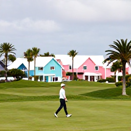 Caribbean Holidays, February Golf Holidays, A friendly golfer walking from a Bermuda golf course towards a pastel village, with palm trees, bright houses and a calm February afternoon
