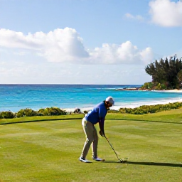 Caribbean Holidays, February Golf Holidays, A golfer preparing to tee off on a Bermuda course overlooking turquoise water, with dramatic coastal scenery and February sunshine