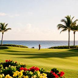 Caribbean Holidays, February Golf Holidays, A golfer relaxing at a Caribbean resort after a round, with tropical gardens, warm sunshine and a calm blue sea
