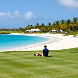 Caribbean Holidays, February Golf Holidays, A golfer relaxing beside a turquoise Caribbean sea after a round, with a white sand beach, palm trees and a peaceful resort atmosphere