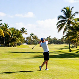 Caribbean Holidays, February Golf Holidays, A golfer teeing off on a lush tropical golf course in Trinidad, with palm trees and bright February sunshine