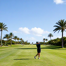 Caribbean Holidays, February Golf Holidays, A golfer teeing off on a well-kept Caribbean golf course on Providenciales, with palm trees, blue skies and bright sunlight