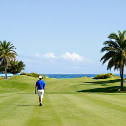 Caribbean Holidays, February Golf Holidays, A golfer walking beside a tropical golf course in Tobago, with blue sea visible beyond the green fairway