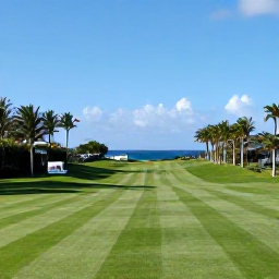 Caribbean Holidays, February Golf Holidays, A panoramic photograph of a sunny Bermuda golf course in February, with green fairways, palm trees and the blue Atlantic Ocean
