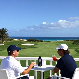 Caribbean Holidays, February Golf Holidays, A relaxed Bermuda golf club terrace overlooking the sea, with golfers enjoying a drink after a February round