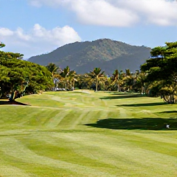 Caribbean Holidays, February Golf Holidays, A scenic golf course surrounded by tropical greenery and distant hills on the island of Trinidad