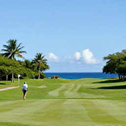 Caribbean Holidays, February Golf Holidays, A scenic Tobago golf course near the coast, with tropical trees, blue sea and a golfer walking beside the fairway