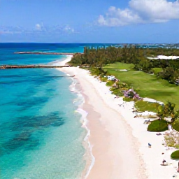 Caribbean Holidays, February Golf Holidays, A sunny aerial view of Providenciales in the Turks and Caicos Islands, showing a turquoise sea, white sand beaches and a green golf course