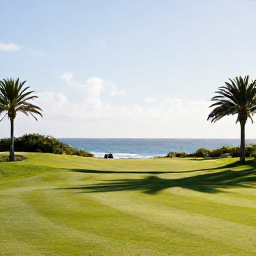 Caribbean Holidays, February Golf Holidays, A sunny Bermuda golf course beside the Atlantic Ocean in February, with green fairways, palm trees and soft coastal light