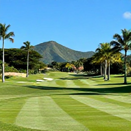 Caribbean Holidays, February Golf Holidays, A sunny Caribbean golf course in Trinidad with palm trees, lush fairways and distant green hills
