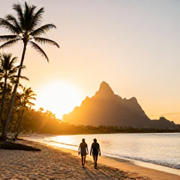 Caribbean Holidays, February Golf Holidays, Couple walking along a golden Saint Lucian beach at sunset with palm trees and the Pitons in the distance