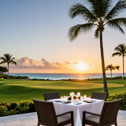 Caribbean Holidays, February Golf Holidays, Elegant Barbados golf resort terrace at sunset with palm trees, outdoor dining and a glimpse of the Caribbean Sea