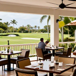 Caribbean Holidays, February Golf Holidays, Elegant Saint Lucia golf resort clubhouse with outdoor dining, palm trees and golfers relaxing after a round