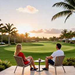 Caribbean Holidays, February Golf Holidays, Golf holiday couple relaxing at a Caribbean resort terrace overlooking a tropical course at sunset