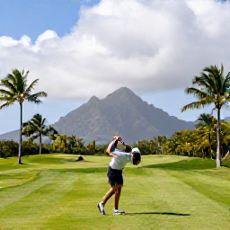 Caribbean Holidays, February Golf Holidays, Golfer teeing off on a tropical Saint Lucian course with palm trees, green fairways and distant mountains