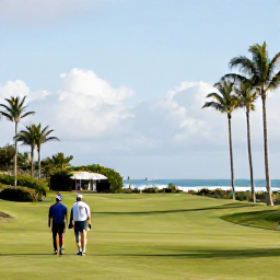 Caribbean Holidays, February Golf Holidays, Golfers walking along a Bermuda fairway beneath palm trees, with soft February sunshine and coastal scenery in the background
