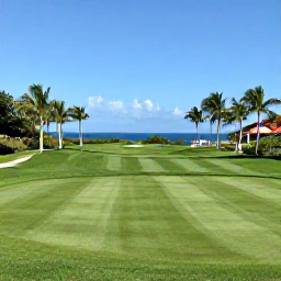Caribbean Holidays, February Golf Holidays, Sunny Barbados golf course with green fairways, palm trees and blue Caribbean sea in the background