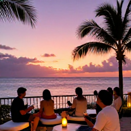 Caribbean Holidays, February Holidays, A colourful Caribbean sunset over the sea from a U.S. Virgin Islands resort terrace, with palm silhouettes and guests enjoying an evening drink