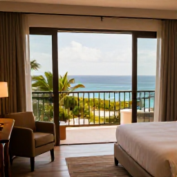 Caribbean Holidays, February Holidays, A comfortable Caribbean hotel room opening onto a balcony with sea views, soft morning light and tropical greenery