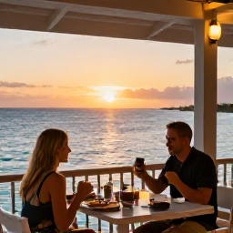Caribbean Holidays, February Holidays, A couple enjoying an evening meal at an open-air restaurant overlooking the sea in Turks and Caicos, with warm sunset light