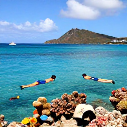 Caribbean Holidays, February Holidays, A couple snorkelling in clear Caribbean water near a coral reef in the U.S. Virgin Islands, with colourful fish and a boat in the distance