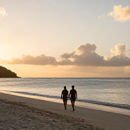 Caribbean Holidays, February Holidays, A couple walking along a quiet Caribbean beach at sunset in Saint Vincent and the Grenadines, with soft golden light and calm sea