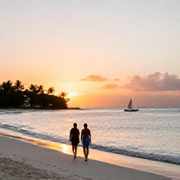 Caribbean Holidays, February Holidays, A couple walking along a secluded white sand beach in Antigua at sunset, with calm water and a small sailing boat offshore