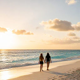 Caribbean Holidays, February Holidays, A couple walking hand in hand along a calm white-sand beach in Aruba at sunset, warm golden light and turquoise sea