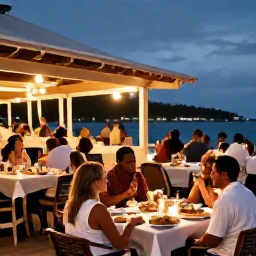 Caribbean Holidays, February Holidays, A lively evening scene at a waterfront restaurant in Antigua, with local food, outdoor tables and warm tropical lights