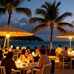 Caribbean Holidays, February Holidays, A relaxed Caribbean evening at a beachfront restaurant in Saint Vincent and the Grenadines, with warm lights, palm trees and diners overlooking the sea