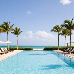 Caribbean Holidays, February Holidays, A spacious all-inclusive resort pool in Punta Cana with sun loungers, palm trees and a calm blue sky