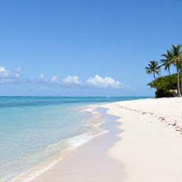 Caribbean Holidays, February Holidays, A sunny beach at Grace Bay in Turks and Caicos with calm turquoise water, soft white sand and a few palm trees under a clear February sky