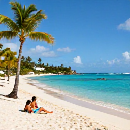 Caribbean Holidays, February Holidays, A sunny February beach scene on Saint Thomas in the United States Virgin Islands, with turquoise water, palm trees and a relaxed couple on the sand