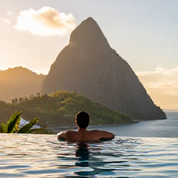 Caribbean Holidays, February Holidays, Adults relaxing beside an infinity pool overlooking the Pitons in Saint Lucia, warm February sunshine