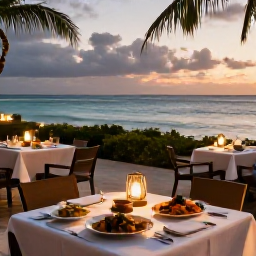Caribbean Holidays, February Holidays, Barbados evening dining scene beside the sea with local dishes, relaxed tables, lantern light and a gentle tropical sunset