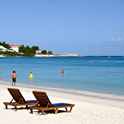 Caribbean Holidays, February Holidays, Beautiful Orient Bay beach on Saint Martin with sun loungers, calm blue sea and visitors enjoying watersports
