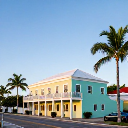 Caribbean Holidays, February Holidays, Bright February morning in Cockburn Town, Turks and Caicos Islands, with pastel colonial buildings, palm trees and a clear blue sky
