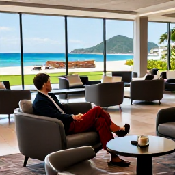 Caribbean Holidays, February Holidays, Business class passenger relaxing in an elegant airport lounge before a flight to Saint Vincent and the Grenadines