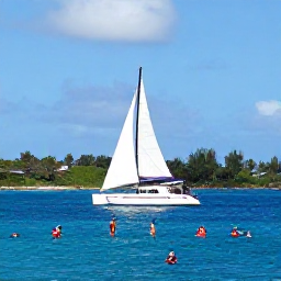 Caribbean Holidays, February Holidays, Catamaran sailing along the west coast of Barbados with snorkellers, clear blue sea, tropical coastline and a bright February sky