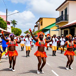 Caribbean Holidays, February Holidays, Colourful Dominican Republic carnival parade in February with dancers, musicians and vibrant costumes in a town street