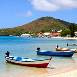 Caribbean Holidays, February Holidays, Colourful fishing boats and a small harbour on Bequia in the Grenadines, with tropical hills and calm Caribbean water