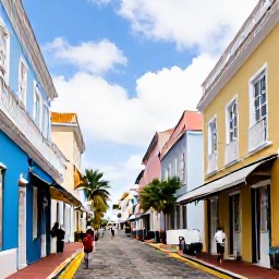 Caribbean Holidays, February Holidays, Colourful historic streets in Charlotte Amalie, St Thomas, with pastel buildings, Caribbean architecture and visitors exploring local shops