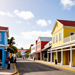 Caribbean Holidays, February Holidays, Colourful Nassau street with colonial buildings, local shops and visitors exploring The Bahamas in warm February sunshine